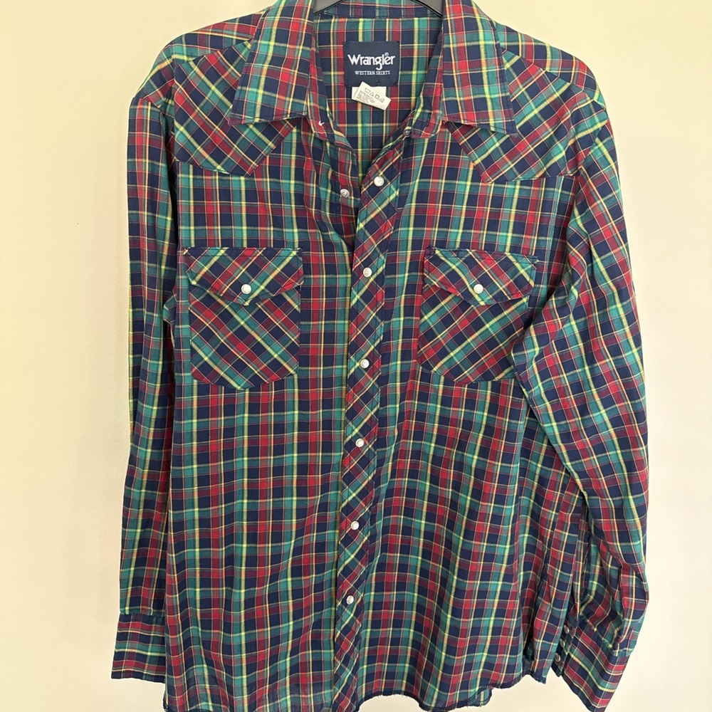 Wrangler Blue Tag Pearl Snap Western Shirt 80s- 90s Mens Size L Plaid Vintage